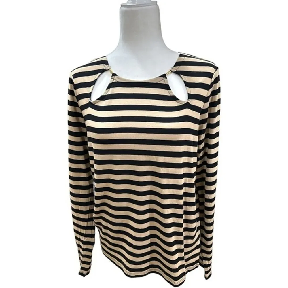 Michael Kors Womens Black Khaki Striped‎ Blouse Size Large Long Sleeve